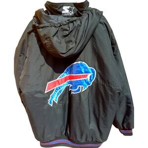 Buffalo Bills 90s STARTER puffer jacket XL coat hood black NFL Pro vintage